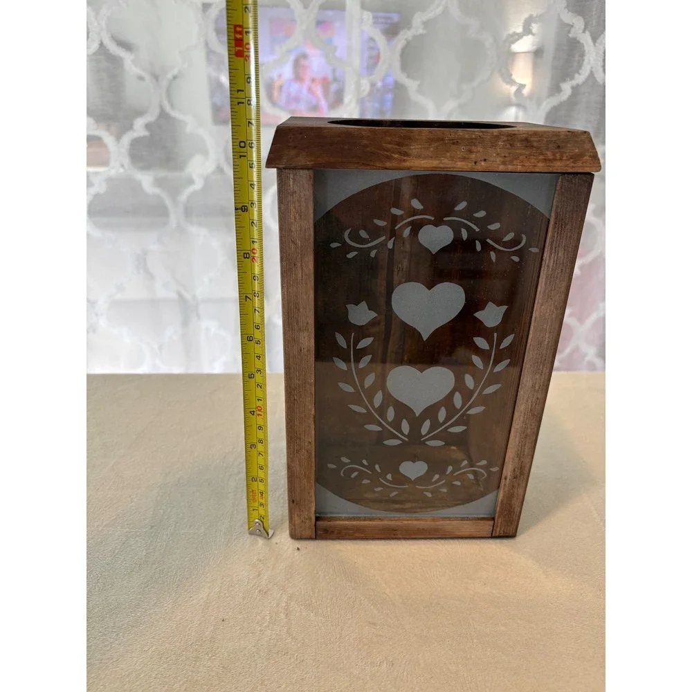 Rustic Wood Heart Etched Glass Lantern Wall Hanging Candle Holder Farmhouse